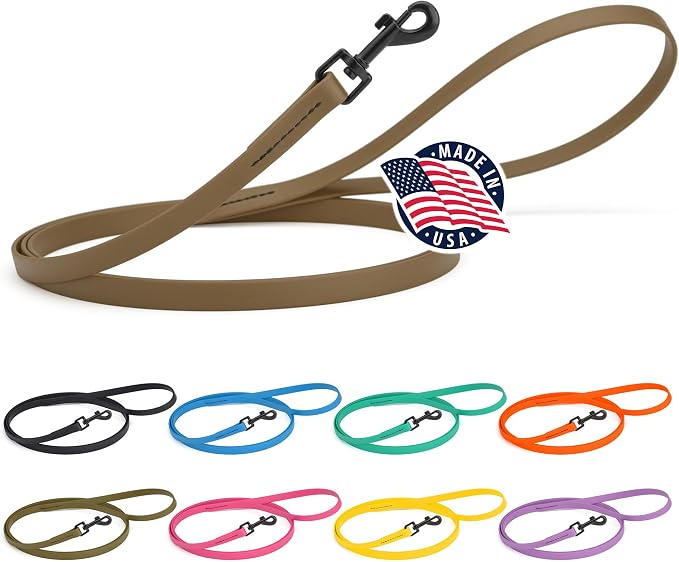 Dogline Biothane Waterproof Dog Leash Strong Coated Nylon Webbing with Black Hardware Odor-Proof Easy to Clean High Performance for Small or Large Dogs Made in USA 4 or 6 ft Lead, Coyote Brown
