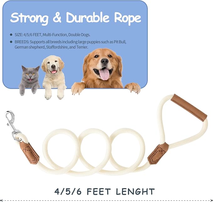 Mile High Life Dog Leash with Genuine Leather Handle, 6 FT/5 FT/4 FT | Leather Grip Rope Leash, Heavy Duty 360° Swivel Metal Clasp, for Small Medium & Large Dogs