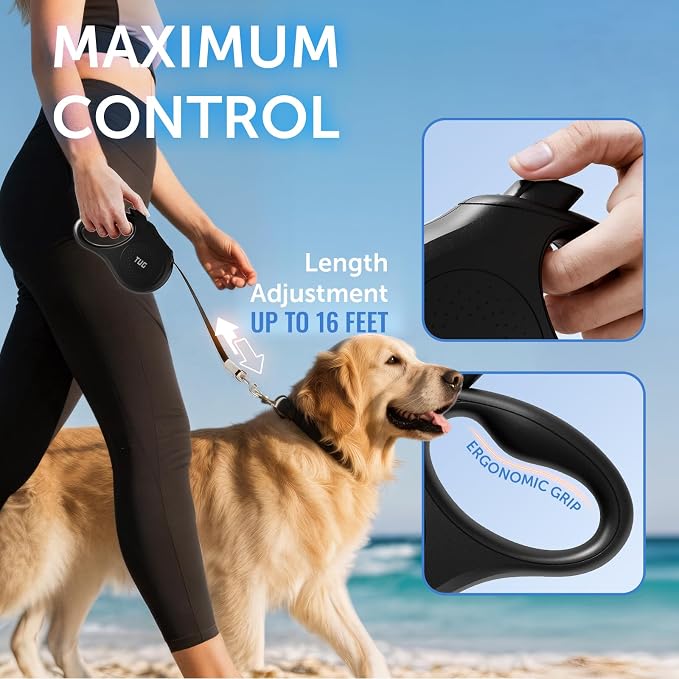 TUG Quest Retractable Dog Leash | 360° Tangle-Free Retraction | 16 ft Strong Nylon Tape (Medium, Black)