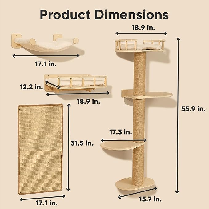FUKUMARU Cat Wall Shelves, 4 in 1 Set, Beige | Stable Wooden Wall-Mounted Furniture Set, Climbing Tree with Hammock, Bed, Perch and Scratching Mat