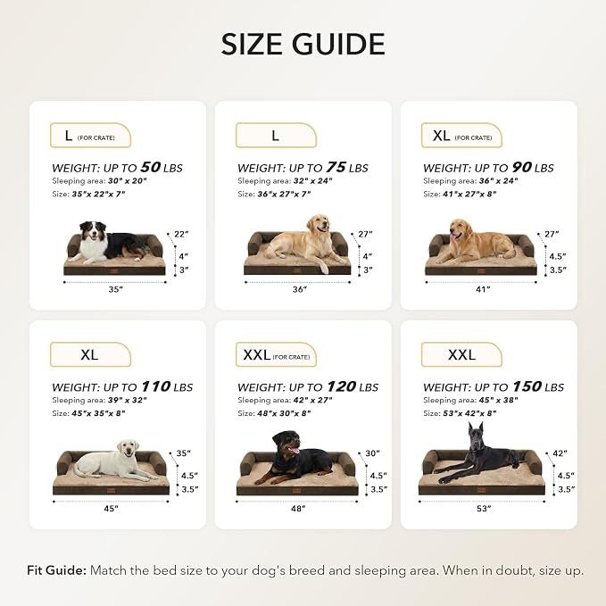 Waterproof Orthopedic Dog Bed for Extra Large Dogs, 45x35in, Brown | Orthopedic Foam Eases Joint Pressure, Bolsters Supports Head And Neck, Washable Pet Beds, Removable Cover, Non-Slip Bottom