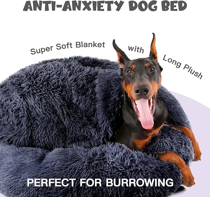 Himax Covered Large Dog Bed with Blanket Attached Calming Burrow Deep Grey | 35in Anti-Anxiety Donut dog bed with cover, Washable Round Fluffy Pet& Cat Beds for Indoor