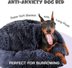 Himax Covered Large Dog Bed with Blanket Attached Calming Burrow Deep Grey | 35in Anti-Anxiety Donut dog bed with cover, Washable Round Fluffy Pet& Cat Beds for Indoor