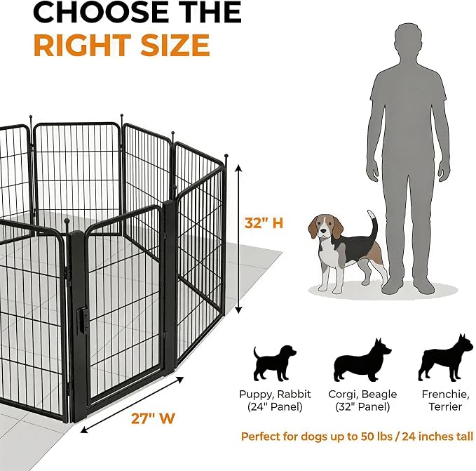 32 Inch Dog Playpen, 8-Panel Metal Pet Exercise Pen with Door, Foldable Indoor Outdoor Dog Fence for Medium Dogs, Black (Black, 32inch)