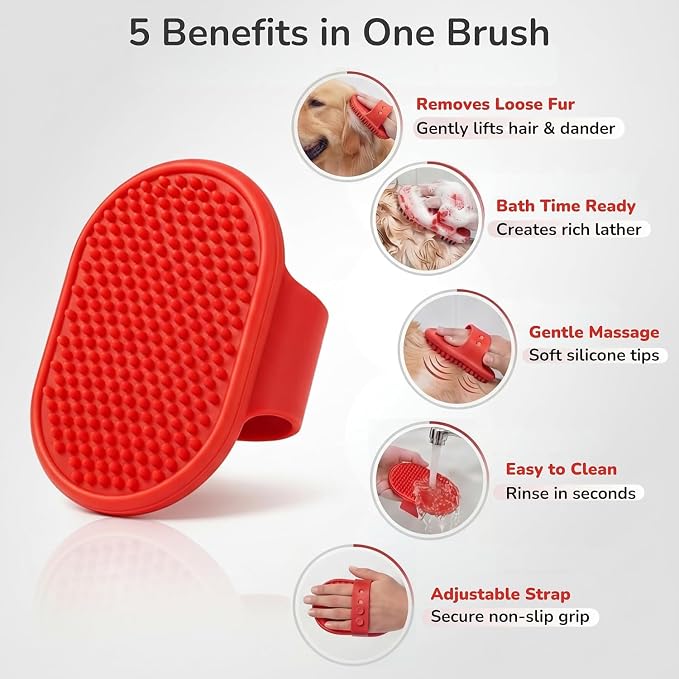Pets&Goods Rubber Pet Grooming Brush for Dogs & Cats – Bath & Deshedding Brush with Custom-Fit Hand Straps – Soft Silicone Bristles for Short & Medium Hair – Anti-Slip, Easy to Clean