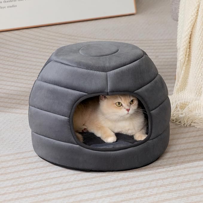 Hollypet Cat Bed Cave for Indoor Cats for Pets up to 15 lbs, Dark Gray | Warm Cat Bed Cats Igloo Cave Condo, Covered Kitty House with Removable Washable Cushion, Cozy Enclosed Pet Bed for Small Dogs