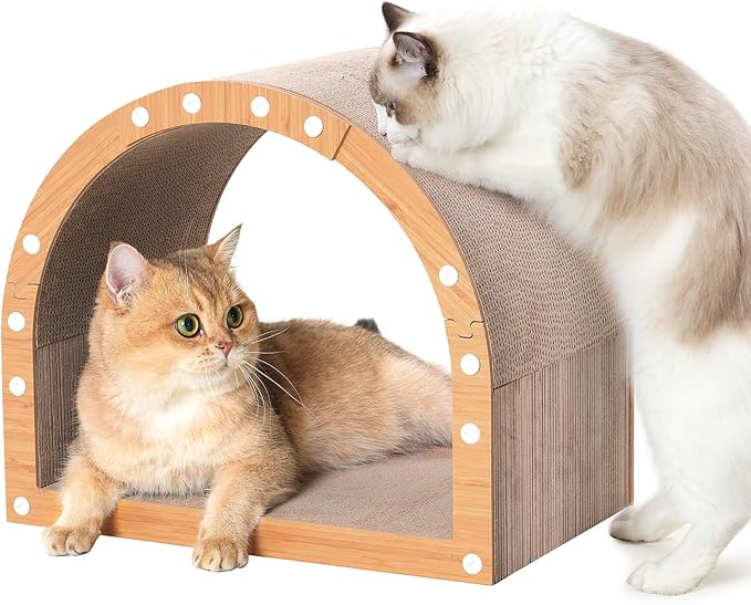 Avont Cardboard Cat Scratcher House, Kitten Tunnel & Scratching Pad | Modern Scratch Pad for Indoor Cats, Durable Corrugated Cardboard Scratcher for kitty