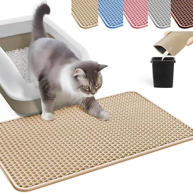 HCY&WLD Cat Litter Mat, Honeycomb Double Layer Litter Trapping Mat | Safe Materials, Soft on Paws, Waterproof Urine Proof Non-Slip, Protects Floors, Less Waste, Easy to Clean, Beige, 35" x 24"