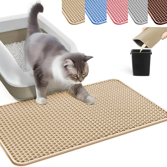 HCY&WLD Cat Litter Mat, Honeycomb Double Layer Litter Trapping Mat | Safe Materials, Soft on Paws, Waterproof Urine Proof Non-Slip, Protects Floors, Less Waste, Easy to Clean, Beige, 30" x 22"
