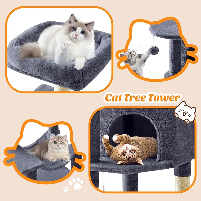 Cat Tree Tower 44 Inch for Indoor Kittens and Cats, Grey | Small Cat Tower with Condo, Hammock, Sisal Scratching Posts, Extended Perch