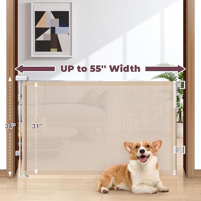 Retractable Baby Gate for Stairs & Doorways, Dog Gate Indoor Outdoor | Extends to 55" Wide 34" Tall Mesh Child Gate for Hallways, Deck, Porch, Pet Toddler Safety Essentials, Easy Install, Beige