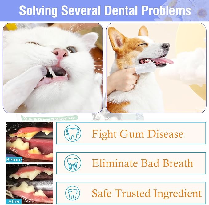 Pet Teeth Cleaning Finger Wipes for Dogs & Cats, Dog Dental Wipes for Removing Plaque and Tartar Buildup, No-Rinse Disposable Gentle Cleaning & Gum Care Pet Wipes, 50 Counts