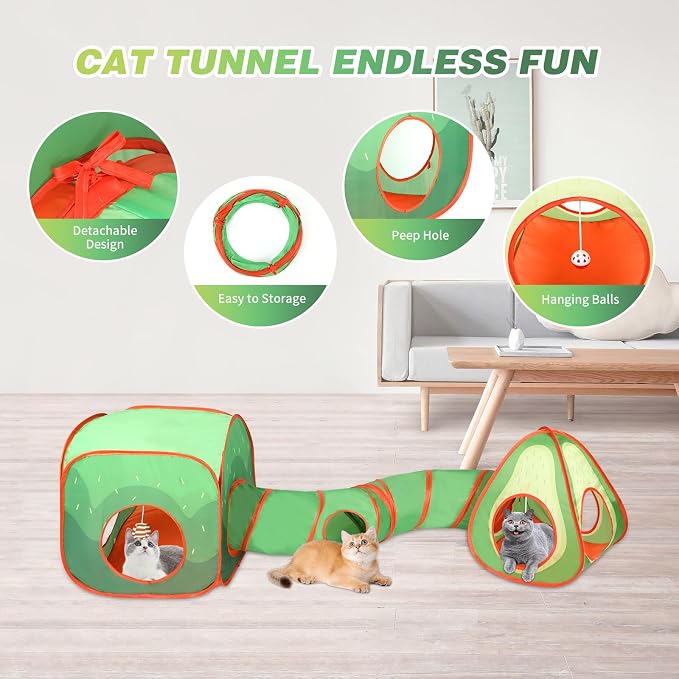 Rypet Cat Toy Tunnel and Cubes Bundle, Play Tubes for Indoor Cats, Green | 3-in-1 Tunnel Cubes Tent, Crinkle Tube for Play, DIY Shapes, Ball and Bell for Play, Tear-Resistant Polyester, Folds Flat