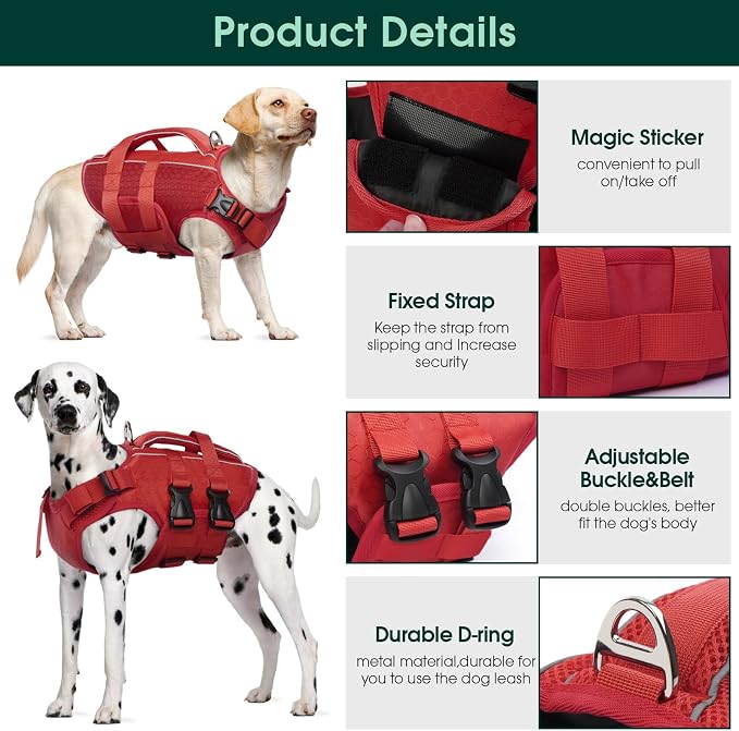 Kuoser Dog Life Jacket, High Flotation Reflective Dog Life Vest, Red, XL | Adjustable Dog Lifejackets for Small Medium Large Dogs, Lifevest with Rescue Handle for Swimming, Boating, Lake, Beach & Pool