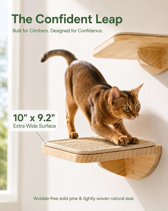 Cat Wall Shelves Set with Hammock and 2 Solid Wood Sisal Steps | 3-piece cat wall set includes 1 reversible canvas-plush hammock and 2 solid wood steps with removable sisal mats
