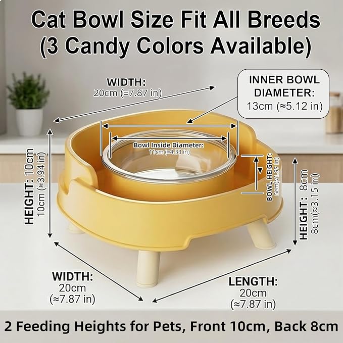 Ant Not Cross Elevated Cat Bowls Mess Proof-2 Food Grade Glass Bowls & 1 Lids- No Spill Cat Food and Water Feeding Station for Cats&Puppy Indoor & Outdoor,No Whisker Fatigue Dish,Yellow