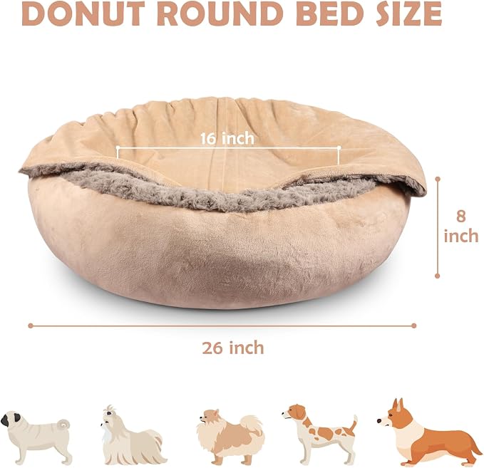 JOEJOY Dog Beds for Small Medium Dogs, Cozy Cuddler Luxury Puppy Pet Bed with Blanket Attached, Donut Round Calming Anti-Anxiety Dog Burrow Cave Bed - Anti-Slip Bottom and Machine Washable 26 inch