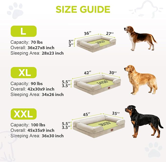Waterproof Orthopedic Dog Bed for Extra Large Sized Dogs | Memory Foam Pet Bed Sofa with Bolster, Dog Couch with Washable Cover & Non-Slip Bottom, 42x30 Inch, Beige