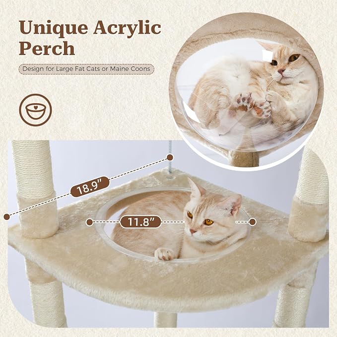 PETEPELA Floor to Ceiling Cat Tree, 92.9-101.6" Tall Cat Tower, Beige | Height-adjustable tension design with 5 sisal posts, cozy condo, spacious hammock, perches & anti-tip strap for indoor cats