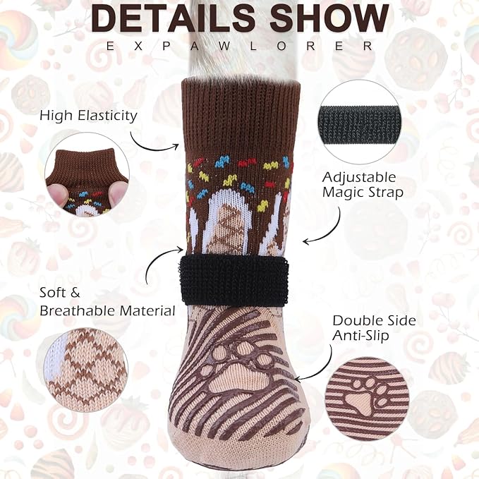 EXPAWLORER 6PCS Anti-Slip Dog Socks to Prevent Licking Paws,Dog Shoes for Hot Pavement,Best Paw Protector Traction Control on Hardwood Floor,Dog Booties for Puppy Small Medium Large Senior Dogs