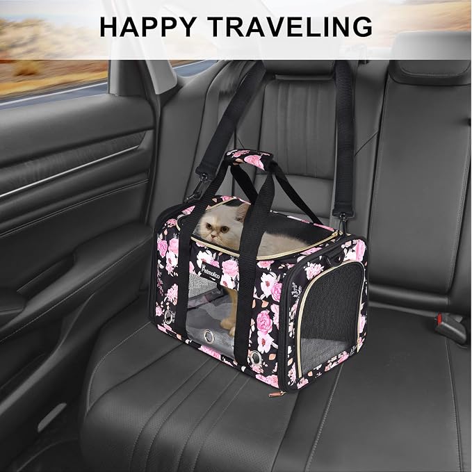 Petmolico Cat Carrier Soft-Sided Airline Approved, Large, Pink Peony | For small/medium cats & puppies up to 16 lbs, 3 open doors, travel-friendly pet bag