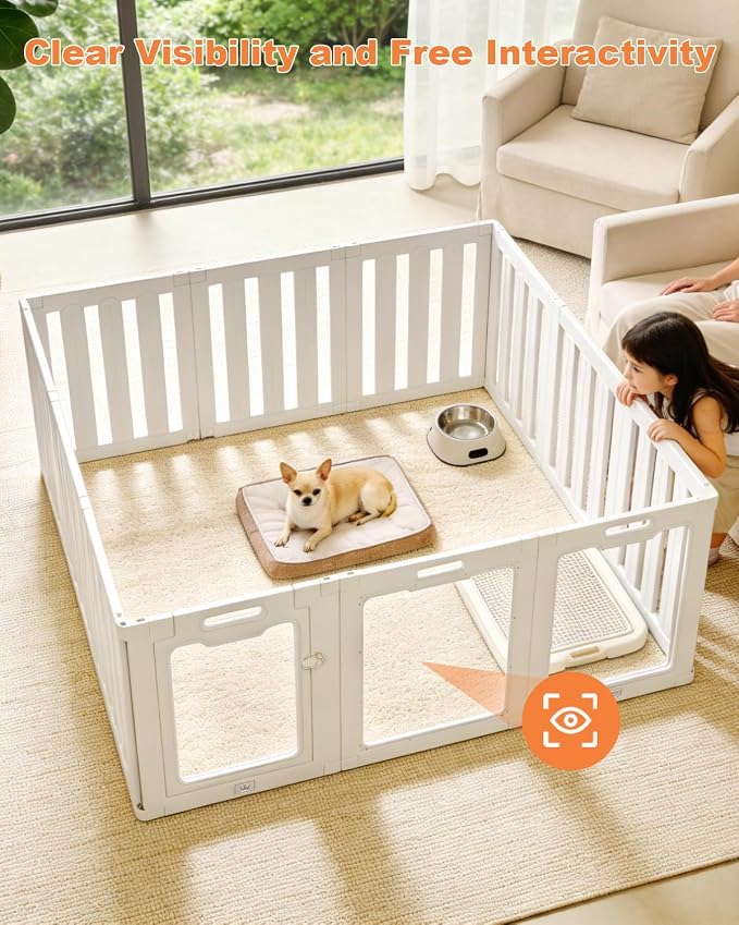 Acrylic Indoor Dog Playpen with Double Room, 24" H 12 Panels Puppy Playpen | Indoor & Outdoor Dog Play pen with Heavy Duty Door Lock, Easy-Assembly&Clean Door Pet Fence for Dogs Puppy,Cats,Rabbits,White