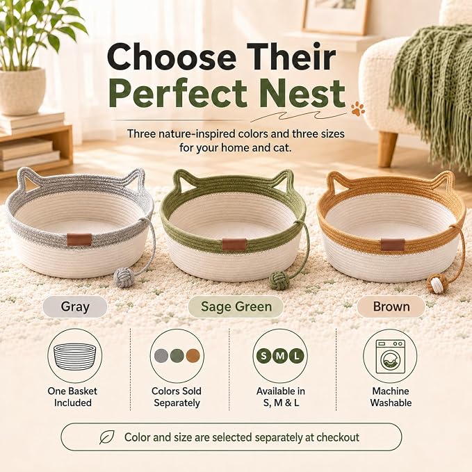Instinct Basket for Cats - Handwoven Cotton Rope Enrichment Bed with Attached Toy Tail, Scratchable Interactive Pet Nest Features Flexible Walls to Fight Boredom & Protect Furniture (Green, L)