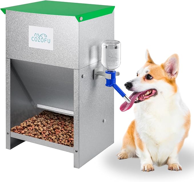 Automatic Gravity-Fed Dog Feeder with Water Bowl - Galvanized Steel Indoor/Outdoor Pet Food Station - 25lb Heavy-Duty Kibble Dispenser for All Dog Sizes