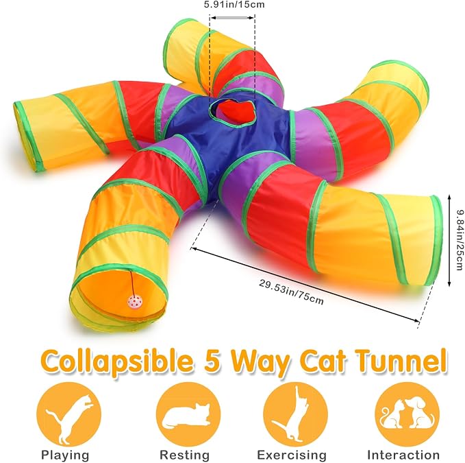 Poen 21 Pcs Cat Tunnel for Indoor Set Collapsible 5 Way Tubes with 20 Pcs Cat Kitten Toys Interactive Feather Toy Mouse Crinkle Balls Tube for Puppy Kitten Rabbit(Colorful)