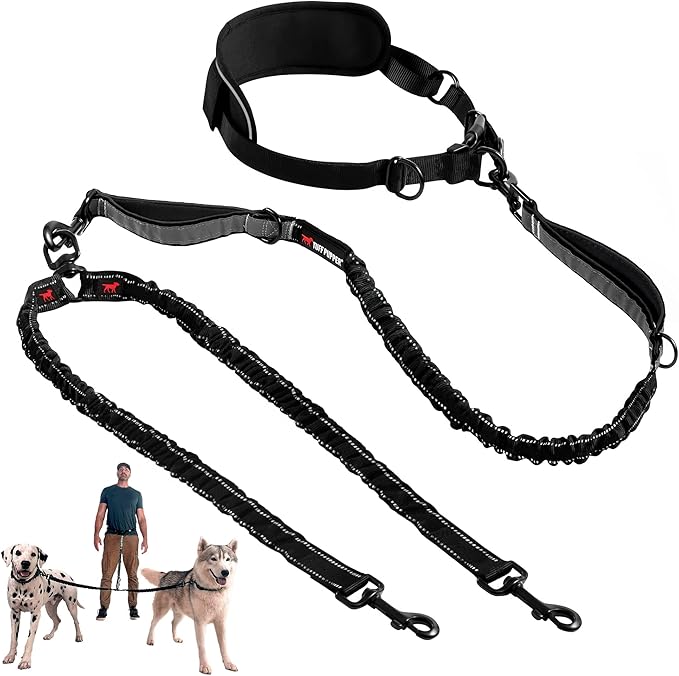 Tuff Pupper Heavy Duty Hands Free Bungee Dog Leash | Two Large Dogs Up to 250 lbs | Comfortable Shock Absorbing Bungee | Reflective Dual Padded Handles | Lumbar Waist Belt 28-50" | 360° Swivel Clips
