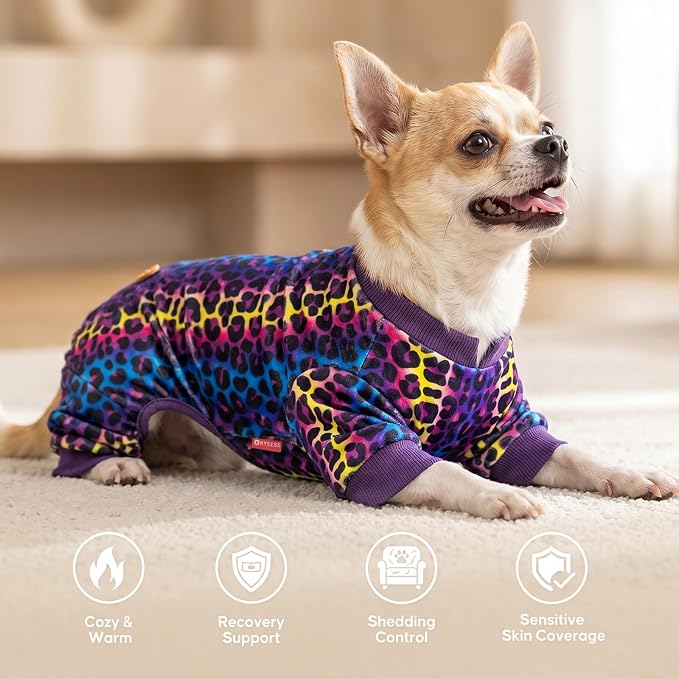 KYEESE Dog Pajamas Stretchy Pet Jammies Coat Comfy Pet Onesie Costume Velvet Dog Pajamas Small Sized Dogs Soft Dogs Clothes Pjs with Leopard Pattern, Large