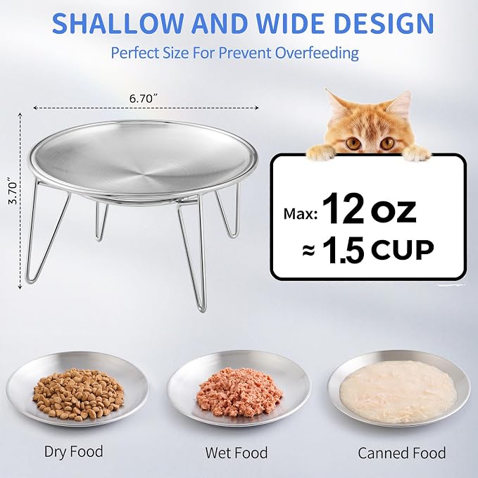 WROSWT Elevated Cat Bowls, Separable Dishes for Solo Use, 304 Stainless Steel Raised Cats Plates for Wet Food, Extra Wide Shallow Design for Whisker Relief, Non-Slip Silicone Base Kitten Feeder, 2 Set