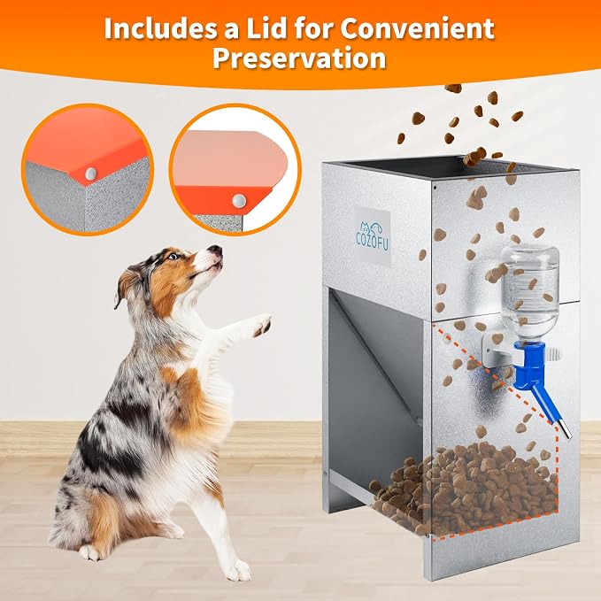 Automatic Gravity-Fed Dog Feeder with Water Bowl - Galvanized Steel Indoor/Outdoor Pet Food Station - 25lb Heavy-Duty Kibble Dispenser for All Dog Sizes