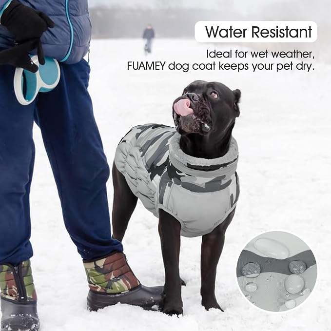 FUAMEY Dog Cold Weather Coats Reflective Dog Warm Jacket with Harness | Fleece Winter Coat for Medium Dogs Snow Puffer Vests with Zipper Reflective Turtleneck Jackets for Winter Gery Camo M