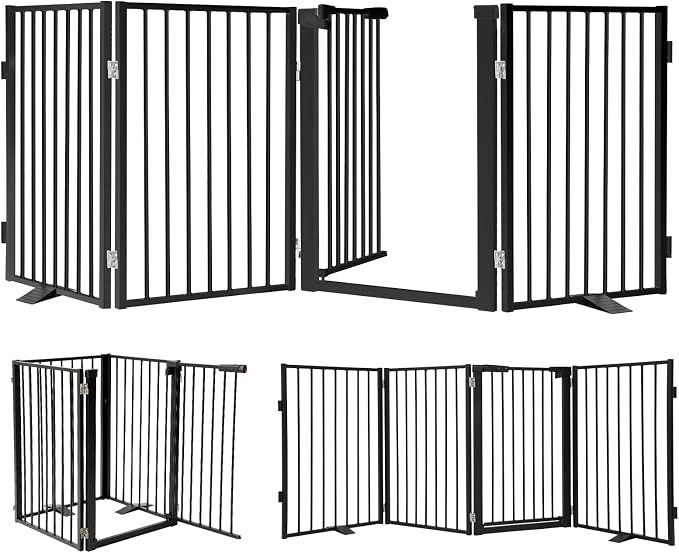 Snagle Paw Metal Freestanding Dog Gate with Door, 80” W x 24” H Dog Fence with Support Feet for Doorways, Stairs and Hallways, Portable Pet Gate for Indoor Use (4 Panel, Black)