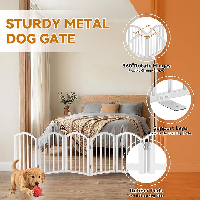 SNUOWU 16 Inch Full Metal Freestanding Short Dog Gate for Small Dogs, Foldable 6-Panel Pet Barrier, Expands Up to 72" Wide, Indoor Safety Fence for Doorway, Home & Stairs, White