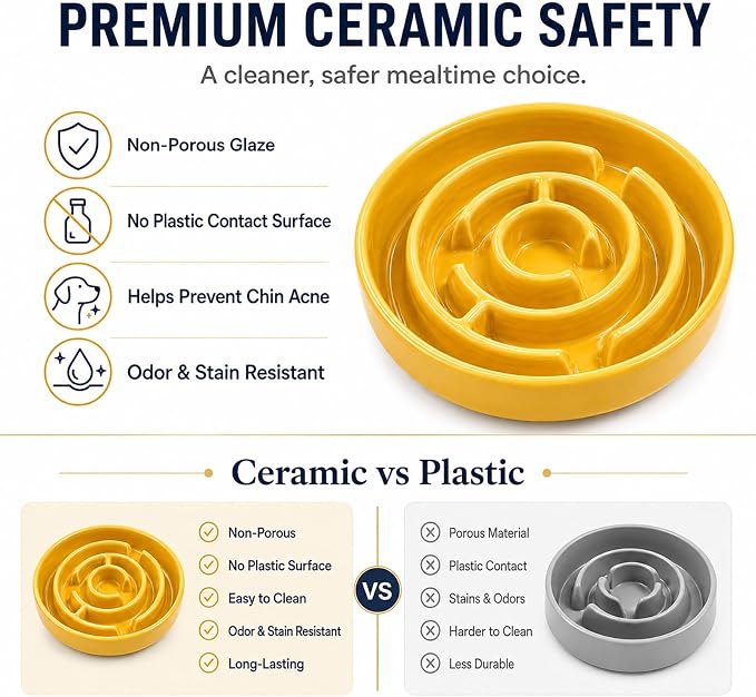 Ceramic Slow Feeder Dog Bowl,1.5 Cups Pet Slow Feeder for Small and Medium Breed,Puzzle Dog Food Dish,Anti-Gulping,Stop Bloat,Preventing Choking(Yellow)