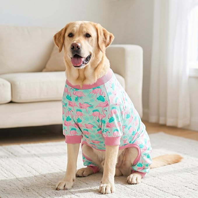 KYEESE Velvet Dog Pajamas Soft Onesie Shirt for Daily Wear, Flamingo | 4-Way Stretch, Lightweight & Breathable, Reduces Shedding, Gentle on Sensitive Skin, Recovery Support, Easy Potty Breaks