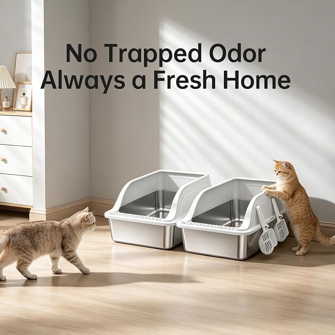 Stainless Steel High Sided XL Cat Litter Box, 2 Pack | High-sided design prevents urine leakage. Non-stick and easy to clean. Includes scoop (Gray)