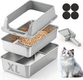 Stainless Steel Sifting Litter Box for Pine Pellets, Sifting Cat Litter Box with Sifter, High Side for Small Cats, Anti-Leakage, Odor Control, Includes Scooper, 22.4" x 14.6" x 11"