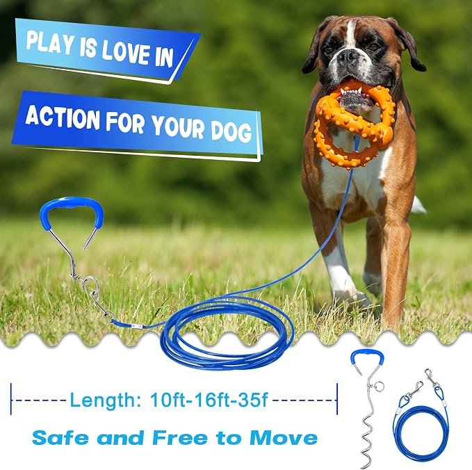 Dog Tie Out Cable and Stake 32/16/10 ft Outdoor, Yard and Camping, for Medium to Large Dogs Up to 125 lbs, 16" Stake, 32/16/10 ft Cable with Durable Spring and Metal Hooks for Outdoor