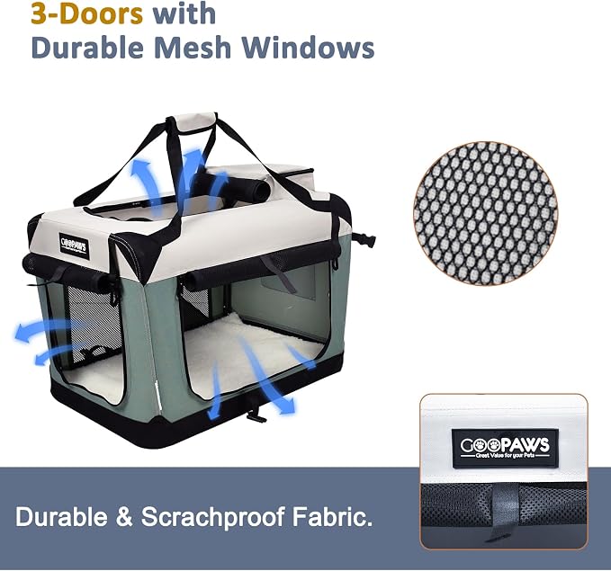 JESPET Soft Dog Crates Kennel for Pets, 3 Door Soft Sided Folding Travel Pet Carrier with Straps and Fleece Mat for Dogs, Cats, Rabbit, Indoor&Outdoor Use(5-Shale Green, Small(24"L x 16.5"W x 16.5"H))