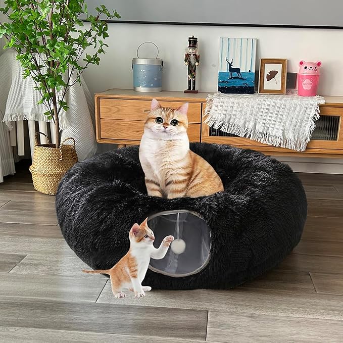 Cat Bed Tunnel Tube Toy Black Plush | Round, Collapsible Pet Tunnels for Indoor Cats, Interactive Toys Play Tubes with Hanging Ball for Kitten, Puppy, Rabbit