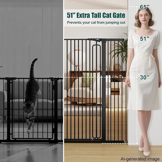 keny 51" Extra Tall Pet Gate, 29.7"-46" Wide Adjustable Cat Gate | for Doorway, Hallway, Stairs, Auto-Close & Pressure Mounted, No Drilling, Black