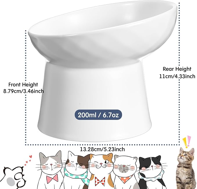 4 Pcs Ceramic Raised Cat Bowls, Elevated Tilted Cat Bowl for Food Water, Stress Free, Backflow Prevention, Dishwasher Microwave Safe, Feeder Dish for Indoor Kitten, Small Dogs(White and Grey)