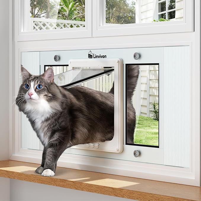 Adjustable Cat Door for Window, 23"-28" Quick Install | 4 Locking Modes Keeps Pets in/Out, Window Insert Design, Magnetic Closure, Weatherproof Aluminum Frame, Durable & Safe
