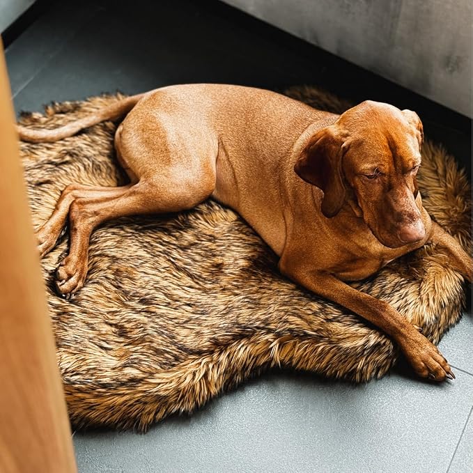 Faux Fur Orthopedic Dog Bed, Memory Foam, Brown 50"x30" | Plush Washable Dog Rug with Waterproof Machine Washable Cover, Calming for Anxious Senior Dogs, Relieves Joints