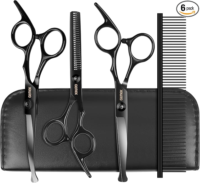 Dog Grooming Scissors Kit with Safety Round Tips, GEMEK Professional 5 in 1 Grooming Scissors for Dogs (Black 5 in 1)