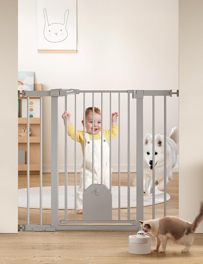 Babelio 36" Tall Baby Gate with Adjustable Cat Door, CatPrivilege I, 29-43" | Auto Close, Safety Gate for Stairs, Easy Walk Thru with Pet Door, Includes 4 Wall Cups and 3 Extension Pieces, Gray