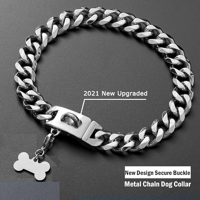 Silver Metal Dog Chain Collar with Design Secure Buckle & ID Tag,Pet Necklace,Strong Stainless Steel Cuban Link Chain,Chew Proof Indestructible Choke Walking Collar for Medium Dogs(19MM 16'')